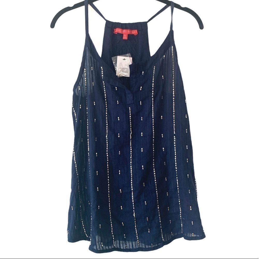 Saks Fifth Avenue Navy Beaded Gauzy Tank Top